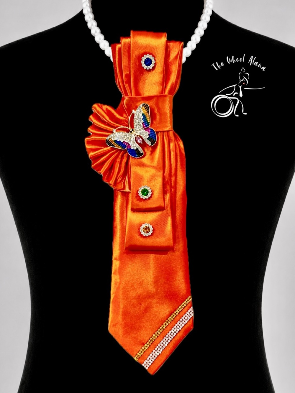 TIE NECKLACE Orange Satin with Rhinestone Butterfly Brooch and Accents